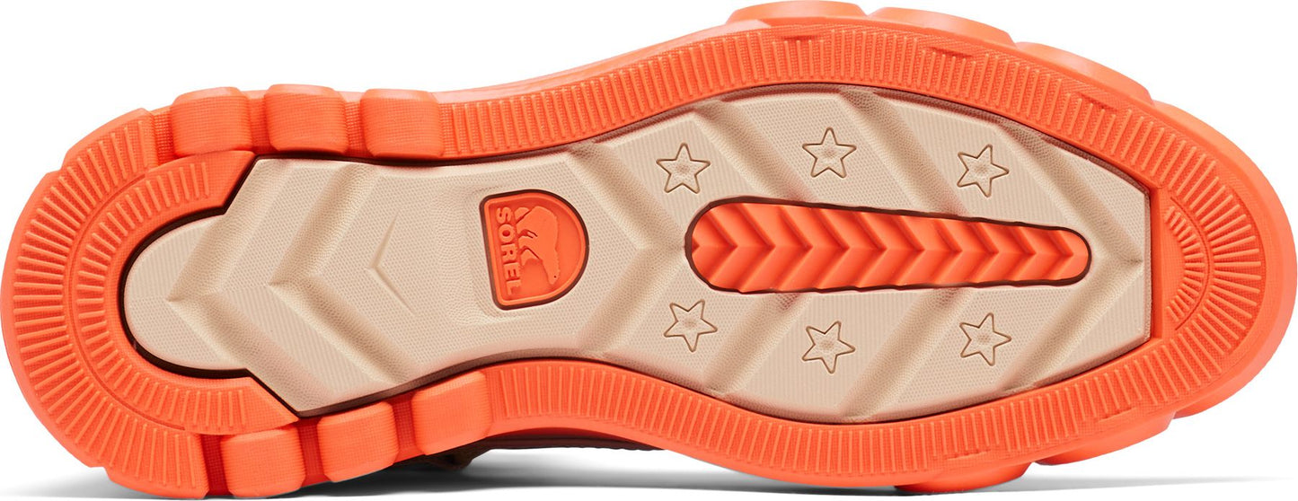 An orange and beige shoe sole with a star pattern.