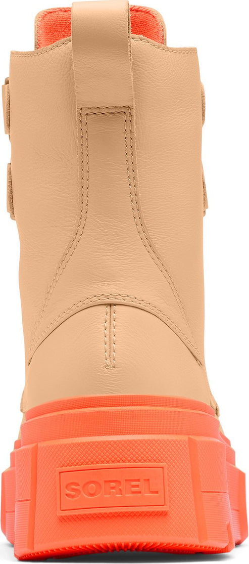 Back view of tan-colored boots with thick, orange soles and loops.