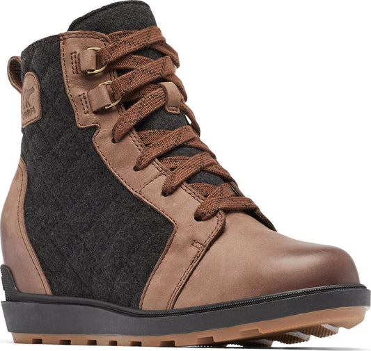 A women's lace-up boot features dark gray quilted fabric and light brown leather with brown laces.