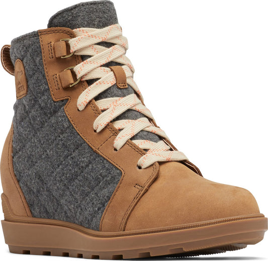 Ankle boot in tan leather and grey quilted wool, featuring a lace-up closure.