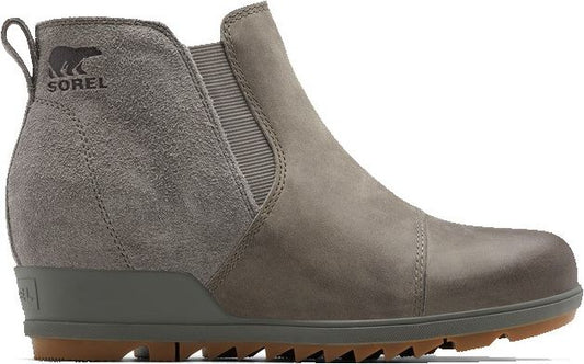 Gray ankle boot with suede heel and elasticized sides, featuring a pull tab and bear logo.