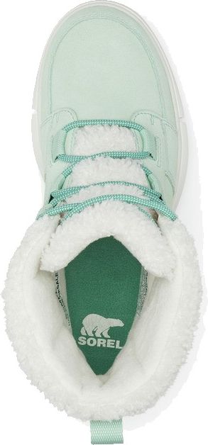 A top-down view of a light green boot with white fur lining and green laces.
