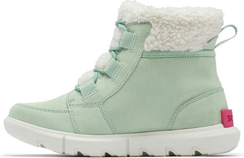 Mint green ankle boot with white, fluffy collar and white lug sole.