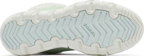 The bottom of a Sorel shoe shows a textured, light-blue sole with the word "SOREL" inscribed across the middle.