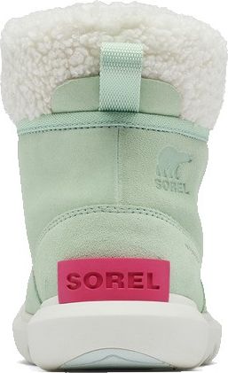 Back view of a light green ankle boot with a plush white collar and a pink "SOREL" logo on the heel.