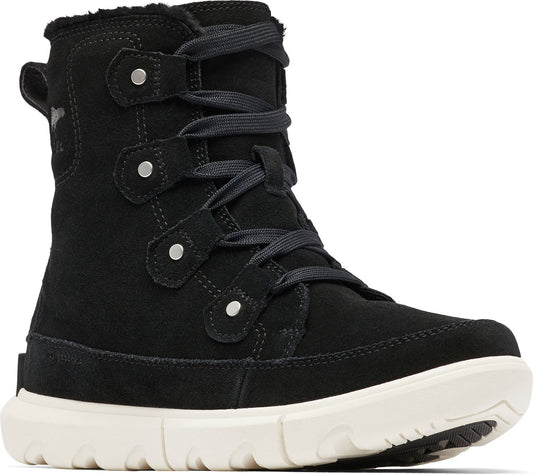 Black high top boot with cream-colored sole, lace-up closure, and rounded toe.