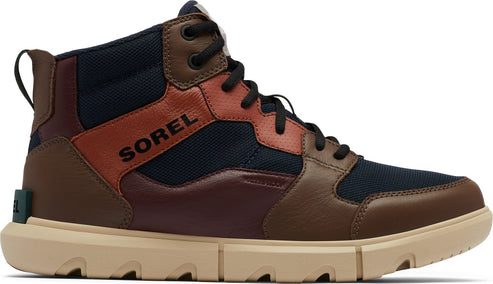High-top casual shoe with brown, red, and dark blue panels and the word SOREL on the side.