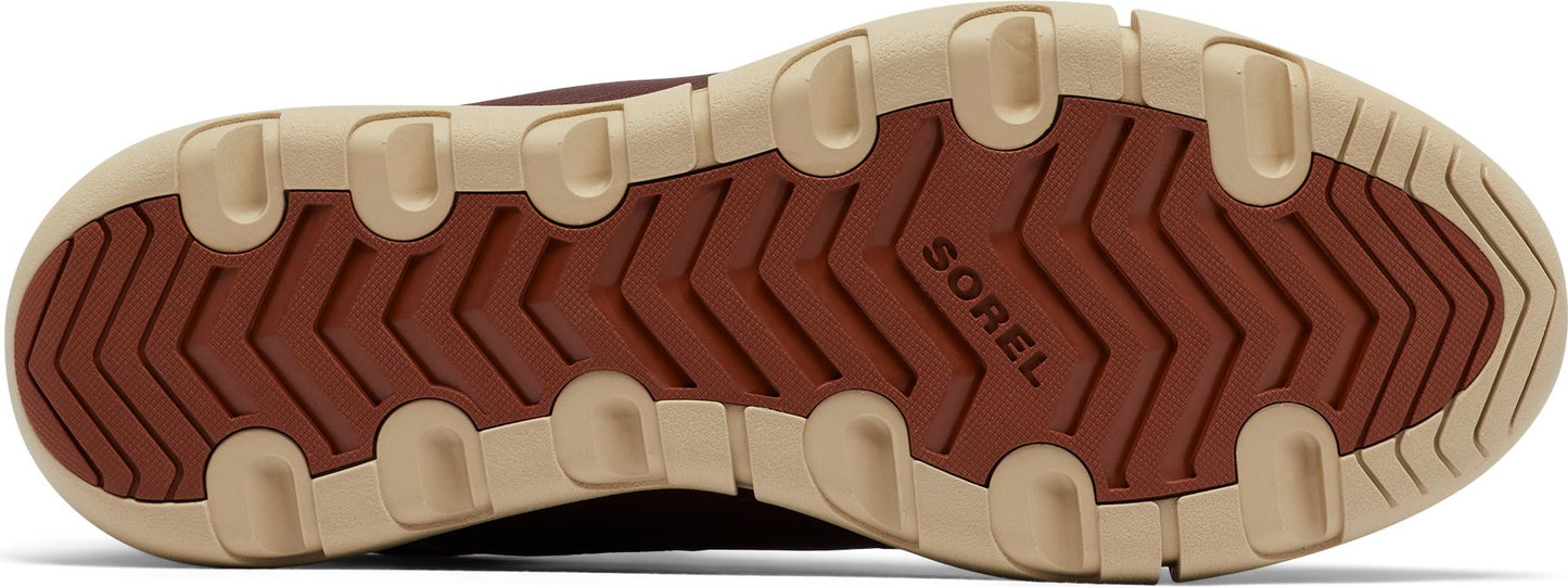 A shoe sole with zig-zag patterns and the text "SOREL".