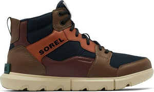 A brown, tan, and black high-top shoe with the word "SOREL" written on the side.