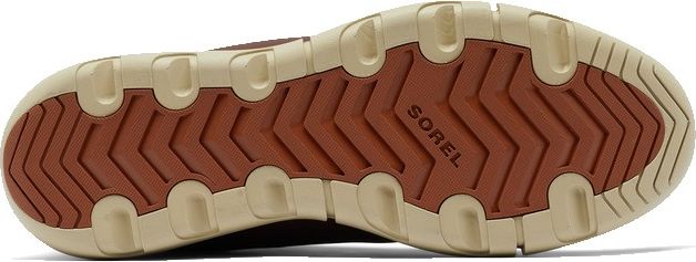 The sole of a shoe with SOREL stamped into it. The tread is brown and the sole is a creamy white color.