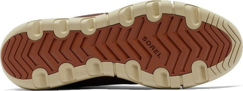 The sole of a shoe with SOREL stamped into it. The tread is brown and the sole is a creamy white color.