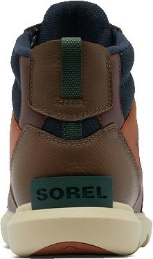 Rear view of brown, orange, and navy shoe with 'SOREL' text label.