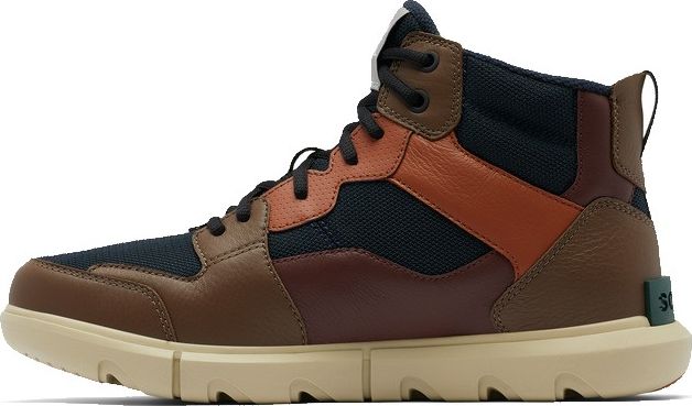 High-top hiking-style boot with brown leather panels and black fabric sections on a cream-colored ridged sole.