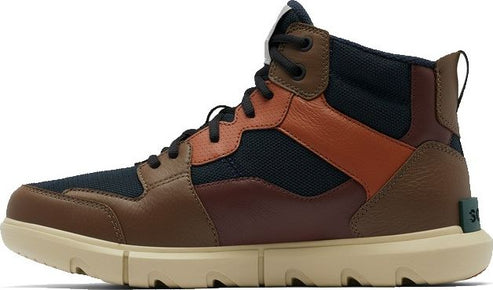 High-top hiking-style boot with brown leather panels and black fabric sections on a cream-colored ridged sole.
