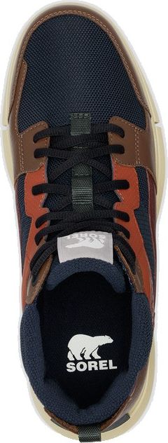 A top-down view of a sneaker with brown and blue textile upper, brown leather-like accents, and black laces. The insole is black with a white polar bear logo and the word 'SOREL'.