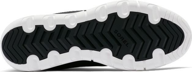 The sole of a Sorel shoe is black with white tread and the brand name "SOREL" embossed into the black part.