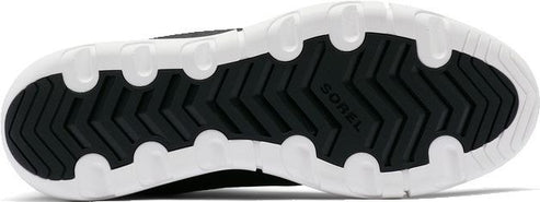 The sole of a Sorel shoe is black with white tread and the brand name "SOREL" embossed into the black part.