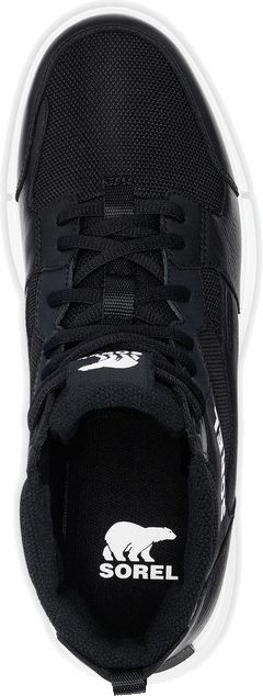 A top-down view of a black sneaker with a white sole, featuring a breathable mesh upper, black laces, and an insole with a white polar bear logo and the word "SOREL" printed below.