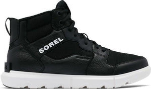 A black high-top shoe with "SOREL" in white on its side and a thick white sole.