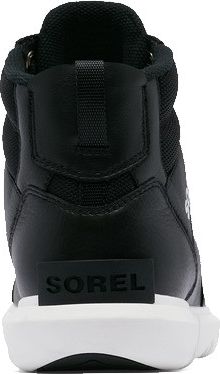 Back of black high-top sneaker with thick white sole and the word "SOREL" at the heel.
