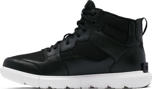 A black high-top shoe with black laces and white sole.
