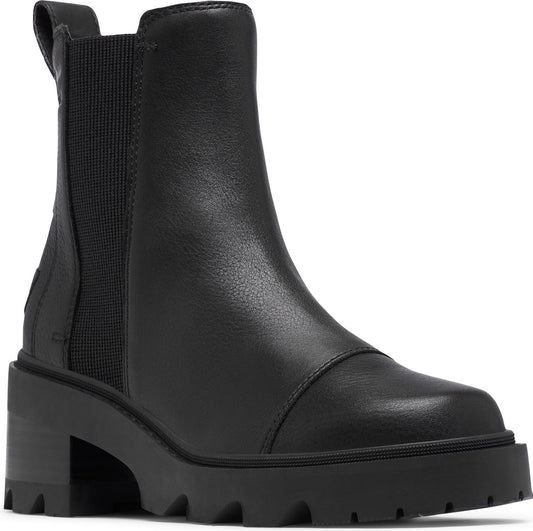 Black platform ankle boot with elastic side panels.