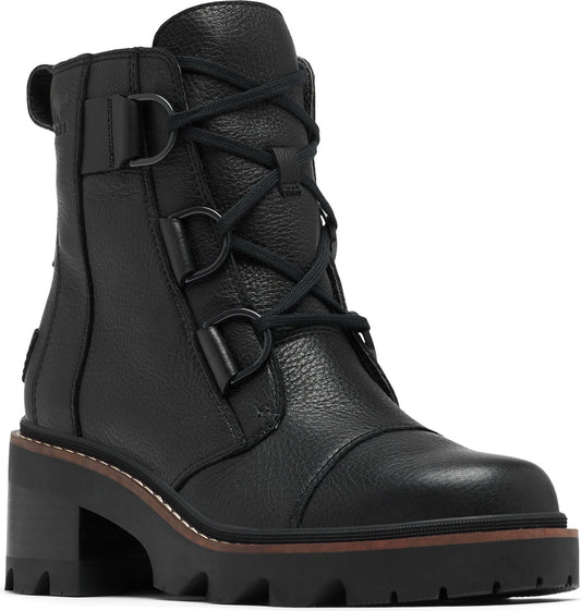 Black leather ankle boot with a block heel, lug sole, and lace-up closure with metal hardware.