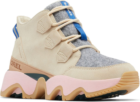 Beige high-top sneaker with pink sole, gray felt tongue, and tan laces.