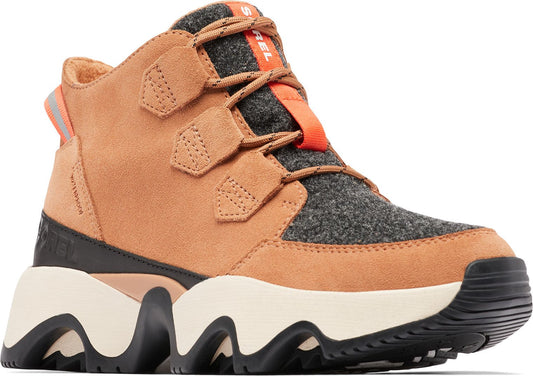 High-top tan suede sneaker with gray wool front and a thick white and black sole.