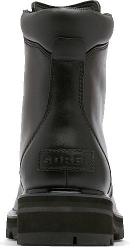 Back view of a black, laced-up leather boot with a treaded platform sole; a pull-tab and the word "SOREL" are on the heel.