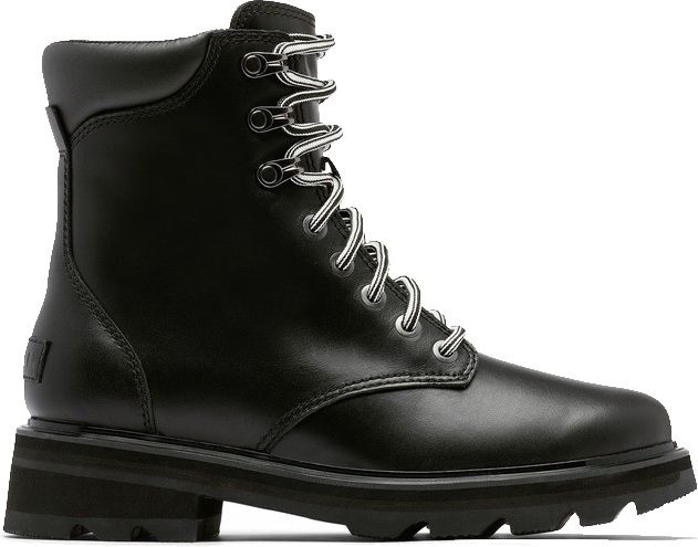 Black leather combat boot with white and black striped laces.