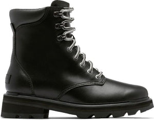 Black leather combat boot with white and black striped laces.