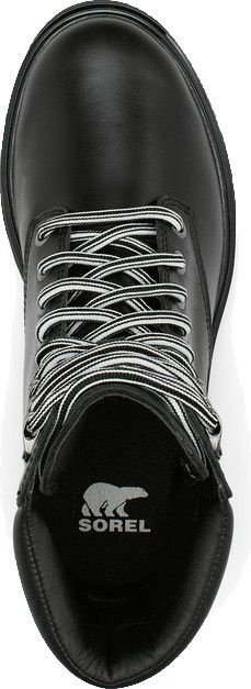 A black boot with laces and a polar bear logo.