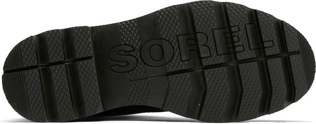 The sole of a dark shoe with a SOREL logo.