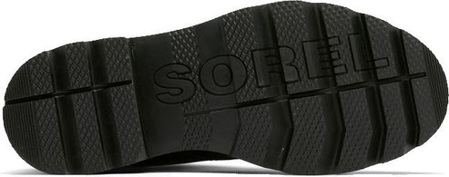 The sole of a dark shoe with a SOREL logo.