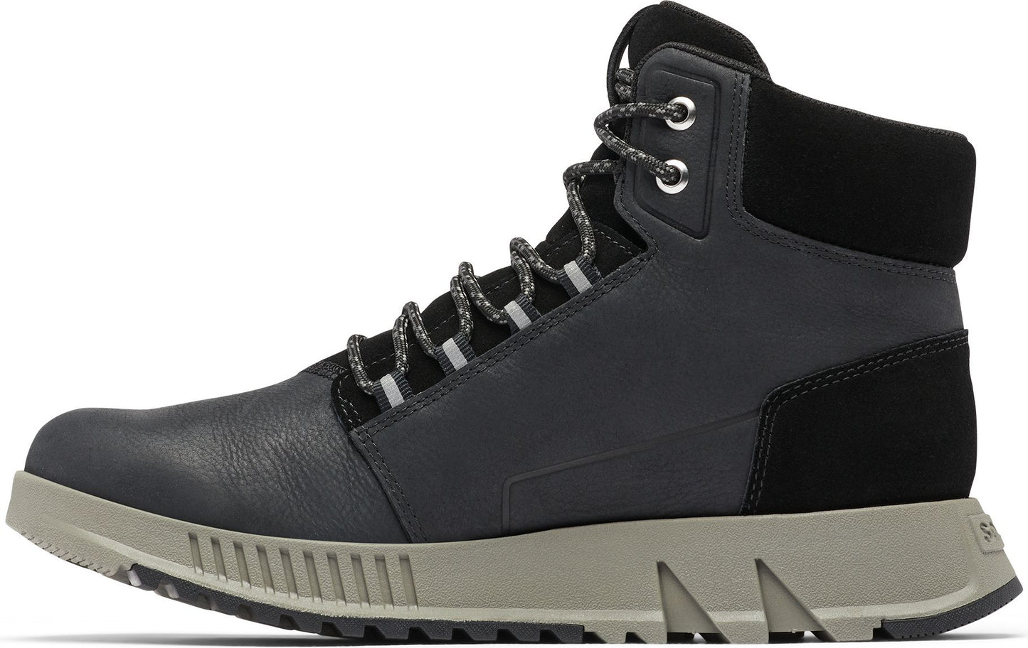 Side view of a dark grey high-top shoe with a grey sole and black suede on the heel and ankle, with grey and black laces.