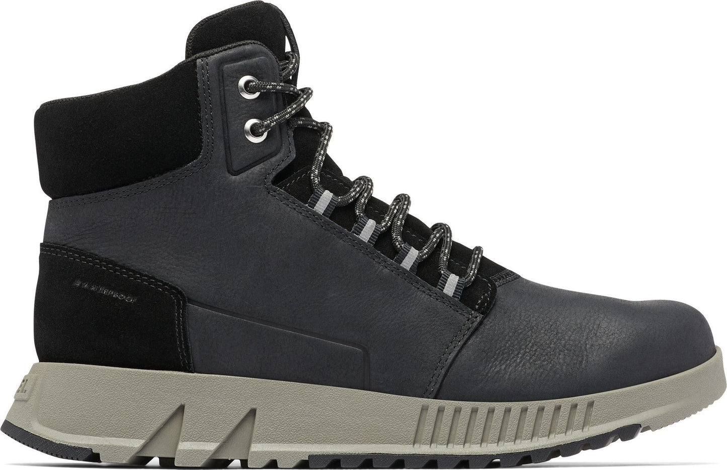 A gray high-top boot with gray laces and a thick gray sole.