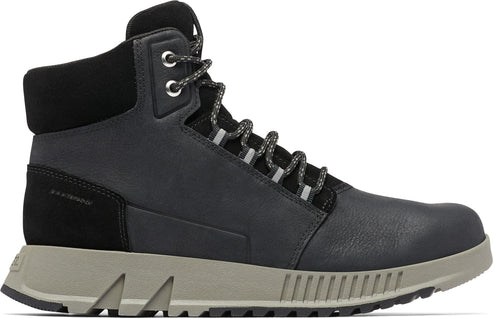 A gray high-top boot with gray laces and a thick gray sole.
