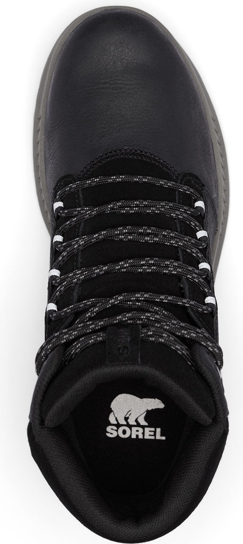 A top down view of a Sorel boot with black patterned laces and a visible Sorel logo inside the shoe.