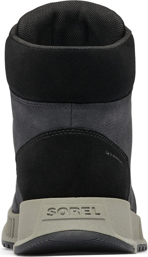 The back of a black boot with the word "SOREL" embossed at the heel.
