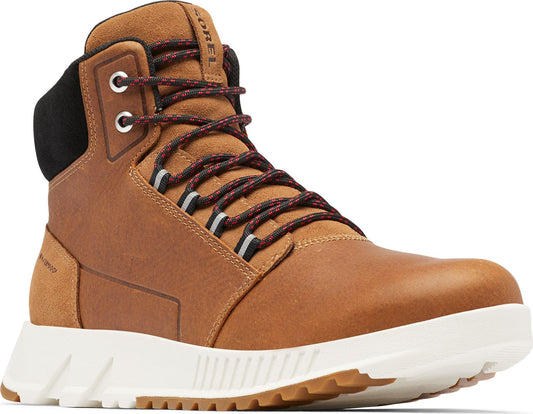 Tan boot with black and red laces and a white sole. The word "SOREL" appears on the side of the tongue.