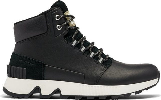 Black leather mid-height boot with white sole and dark laces.