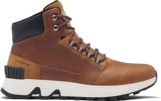 Tan leather waterproof hiking boot with black collar and white and black sole.