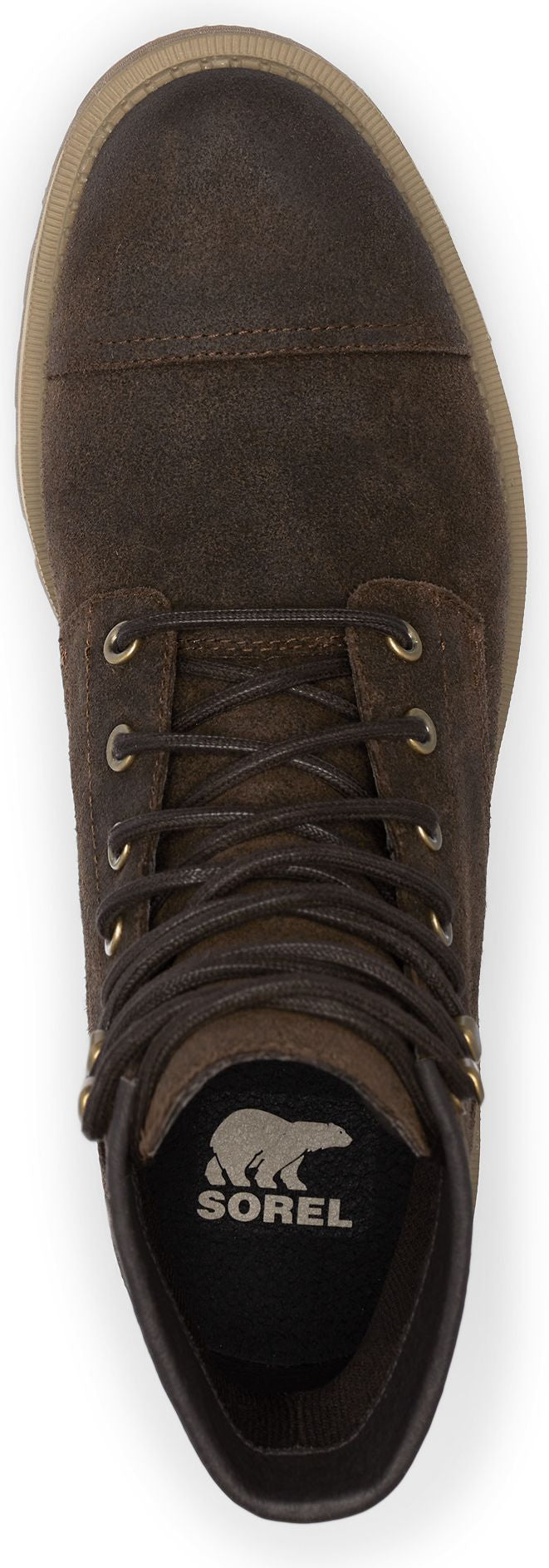 A brown leather shoe with laces and a polar bear logo on the insole.