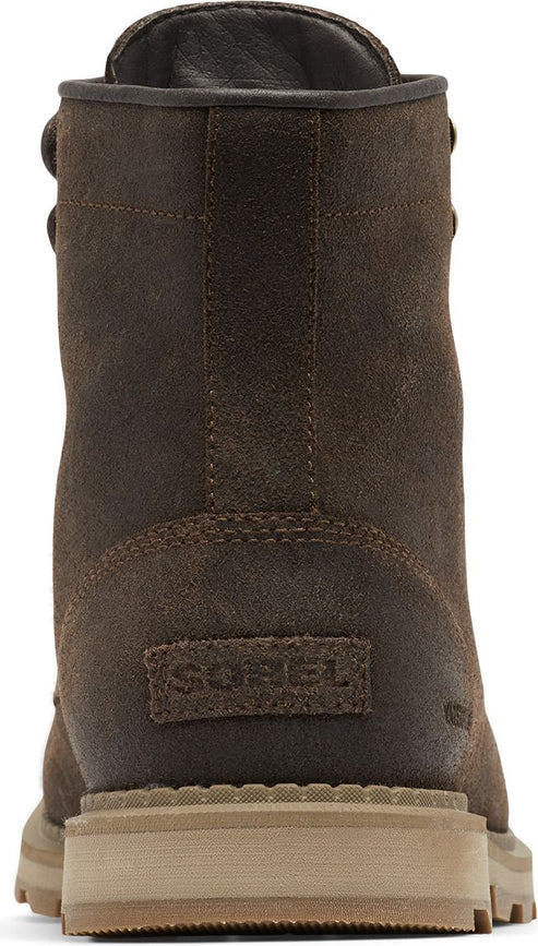 Rear view of a brown suede work boot with visible 'SOREL' imprint near the heel and a tan outsole.