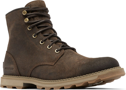 Brown suede ankle boot with brown laces and tan lug sole.