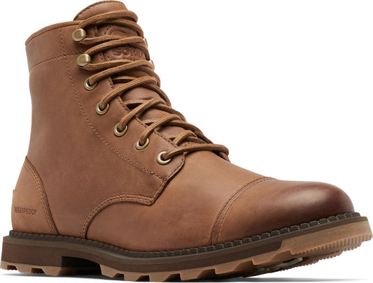 Brown leather cap-toe boot with bronze eyelets and laces.