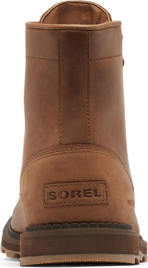 Rear view of a light brown leather ankle boot with a square heel, and the word "SOREL" embossed above the heel.