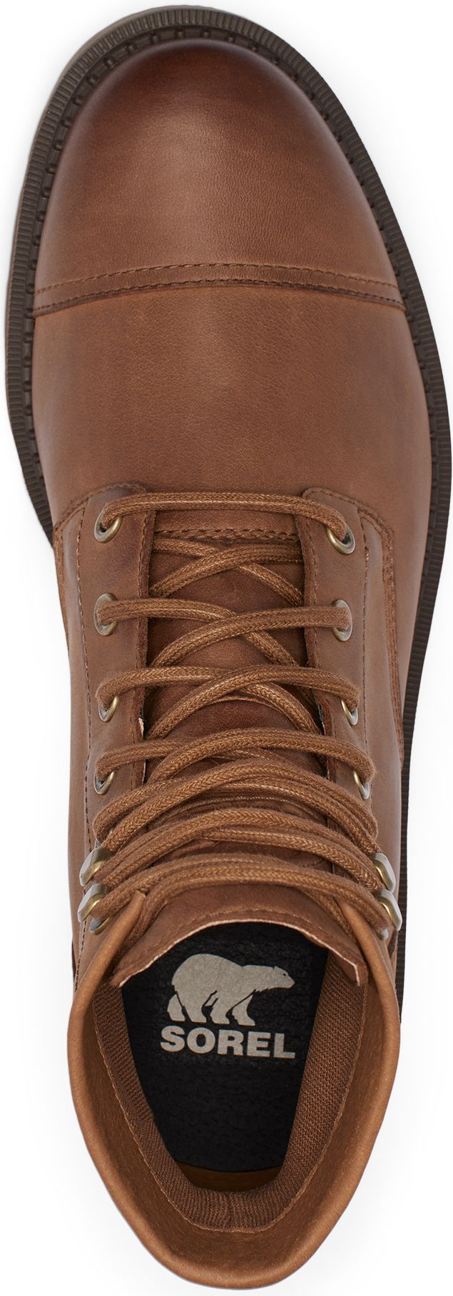 Top-down view of a brown leather boot with laces.