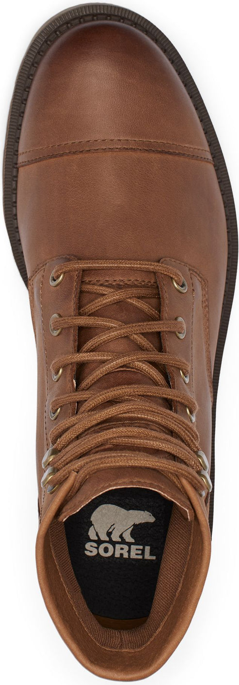 Top-down view of a brown leather boot with laces.